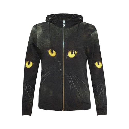 Black Cat All Over Print Full Zip Hoodie for Women (Model H14)