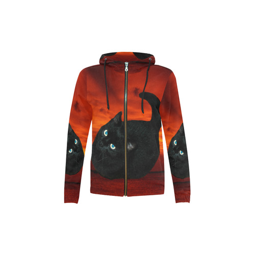 Cat and Red Sky All Over Print Full Zip Hoodie for Kid (Model H14)