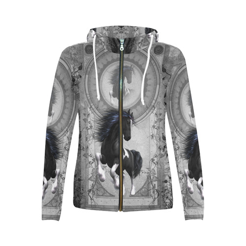 Awesome horse in black and white with flowers All Over Print Full Zip Hoodie for Women (Model H14)