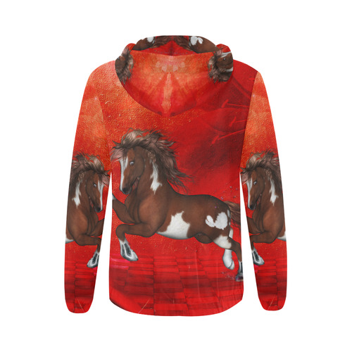 Wild horse on red background All Over Print Full Zip Hoodie for Women (Model H14)