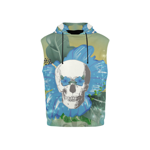 Funny skull with blue flowers All Over Print Sleeveless Hoodie for Kid (Model H15)