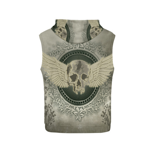 Skull with wings and roses on vintage background All Over Print Sleeveless Hoodie for Men (Model H15)