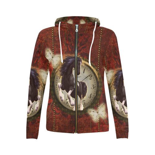 Wonderful horse on a clock All Over Print Full Zip Hoodie for Women (Model H14)