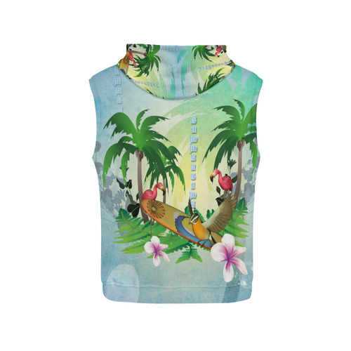 Tropical design with surfboard, palm and flamingo All Over Print Sleeveless Hoodie for Men (Model H15)