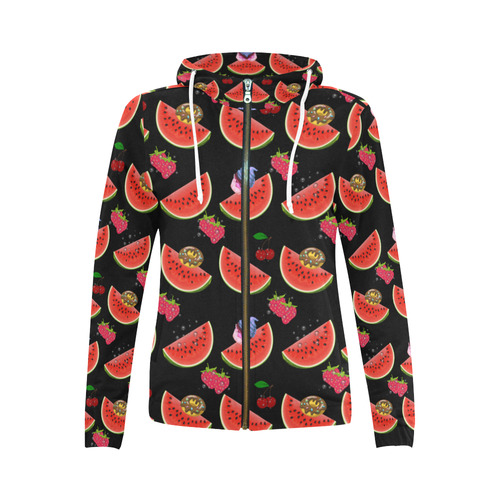 watermelon cherry donuts rockabilly All Over Print Full Zip Hoodie for Women (Model H14)