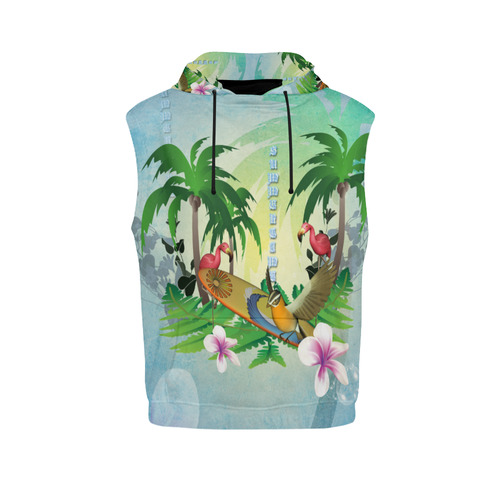 Tropical design with surfboard, palm and flamingo All Over Print Sleeveless Hoodie for Men (Model H15)