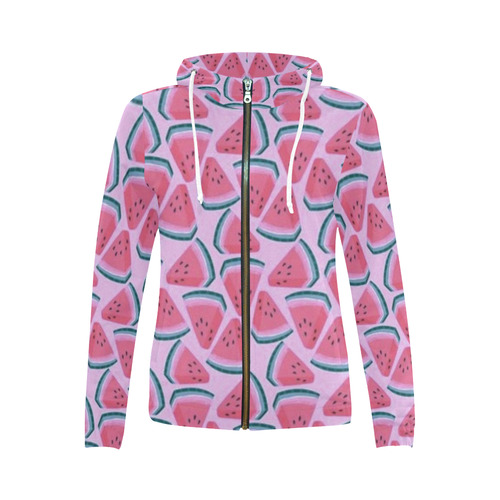 pink watermelon rockabilly All Over Print Full Zip Hoodie for Women (Model H14)
