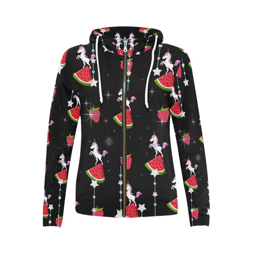 rockabilly strawberry watermelon unicorn All Over Print Full Zip Hoodie for Women (Model H14)