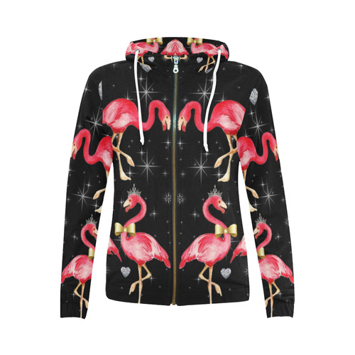 rockabilly royal flamingo on black All Over Print Full Zip Hoodie for Women (Model H14)