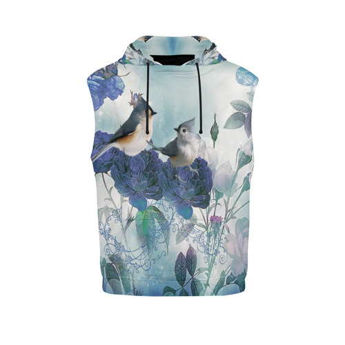 Cute birds with blue flowers All Over Print Sleeveless Hoodie for Men (Model H15)