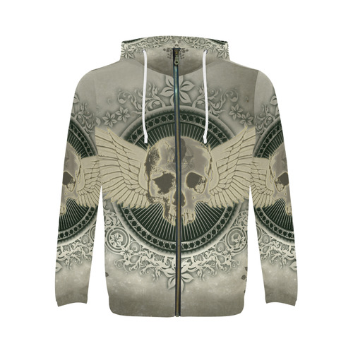 Skull with wings and roses on vintage background All Over Print Full Zip Hoodie for Men (Model H14)