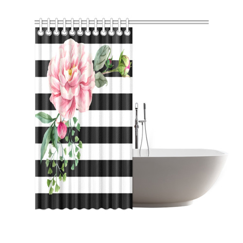 Pink Floral Black White Stripes Shower Curtain 69"x70"