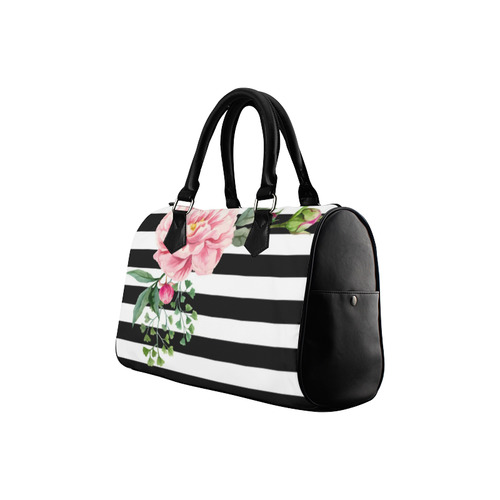 Pink Floral Black White Stripes Boston Handbag (Model 1621)