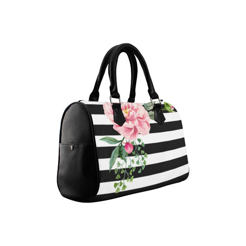 Pink Floral Black White Stripes Boston Handbag (Model 1621)