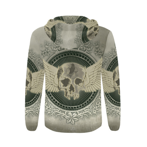 Skull with wings and roses on vintage background All Over Print Full Zip Hoodie for Men (Model H14)