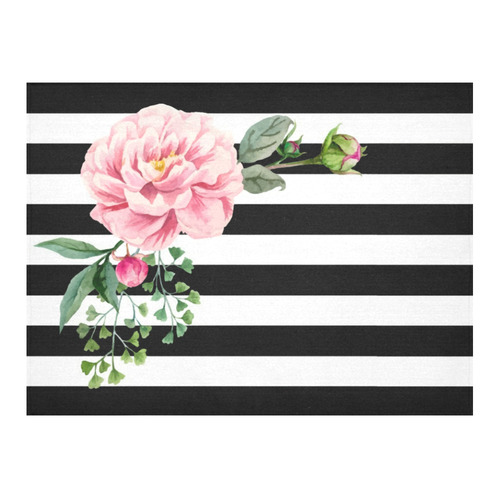 Black & White Stripes Pink Floral Watercolor Cotton Linen Tablecloth 52"x 70"
