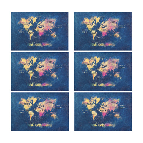 world map oceans and continents Placemat 12’’ x 18’’ (Set of 6)