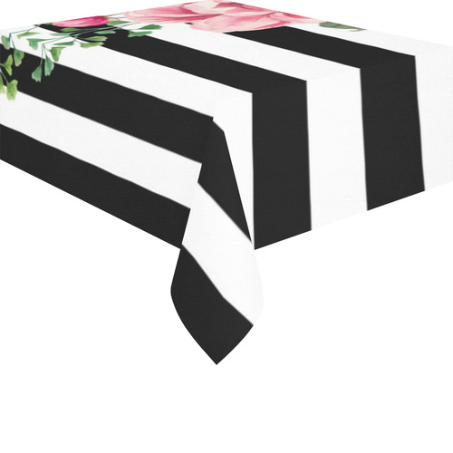 Black & White Stripes Pink Floral Watercolor Cotton Linen Tablecloth 52"x 70"