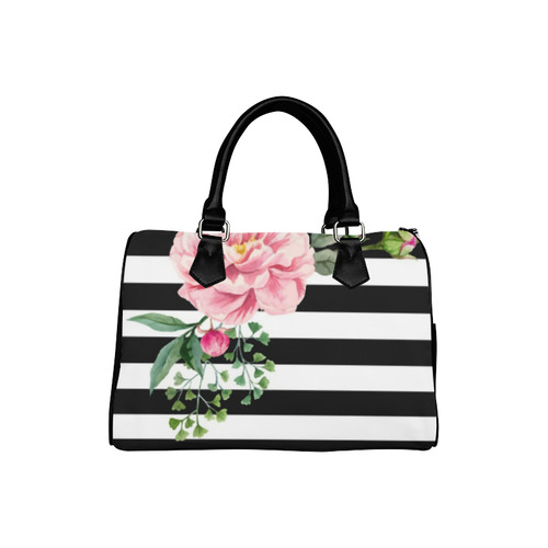 Pink Floral Black White Stripes Boston Handbag (Model 1621)