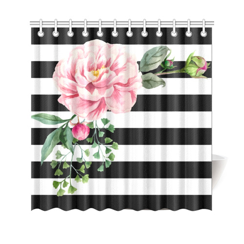 Pink Floral Black White Stripes Shower Curtain 69"x70"