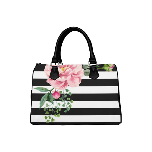 Pink Floral Black White Stripes Boston Handbag (Model 1621)
