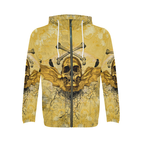 Awesome skull in golden colors All Over Print Full Zip Hoodie for Men (Model H14)