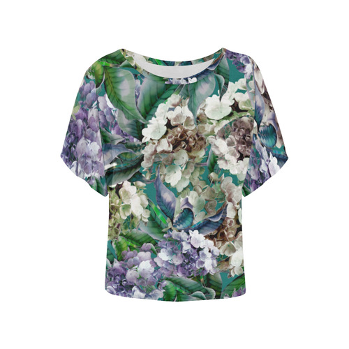HydrangeaGreens1 Women's Batwing-Sleeved Blouse T shirt (Model T44)