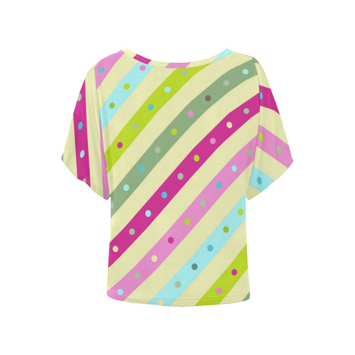 Pink Blue Green Polka Dots Stripes Women's Batwing-Sleeved Blouse T shirt (Model T44)