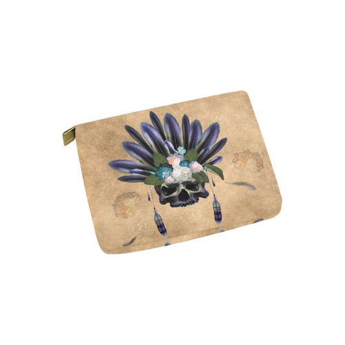 Cool skull with feathers and flowers Carry-All Pouch 6''x5''