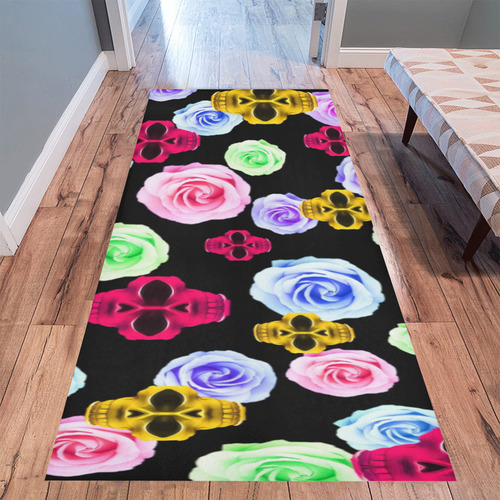 skull portrait in pink and yellow with colorful rose and black background Area Rug 9'6''x3'3''