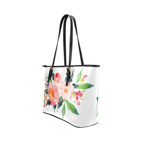 Pink Red Watercolor Floral Leather Tote Bag/Small (Model 1651)