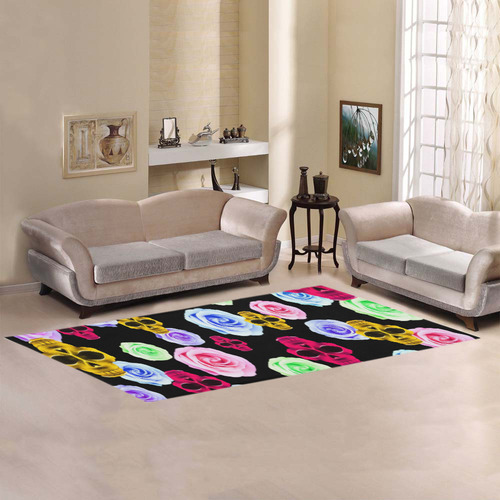 skull portrait in pink and yellow with colorful rose and black background Area Rug 9'6''x3'3''