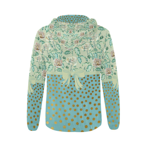 Vintage Roses Polka Dots Ribbon - Teal Gold All Over Print Full Zip Hoodie for Women (Model H14)