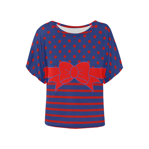 Polka Dots Stripes Ribbon blue red Women's Batwing-Sleeved Blouse T shirt (Model T44)