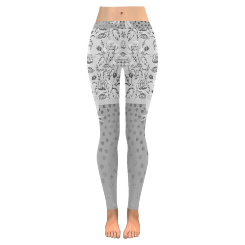 Vintage Roses Polka Dots Ribbon - Grey Silver Women's Low Rise Leggings (Invisible Stitch) (Model L05)
