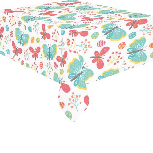Butterfly Berry Red Teal Nature Pattern Cotton Linen Tablecloth 52"x 70"