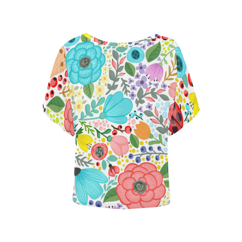 Colorful Floral Pattern With Ladybugs Women's Batwing-Sleeved Blouse T shirt (Model T44)