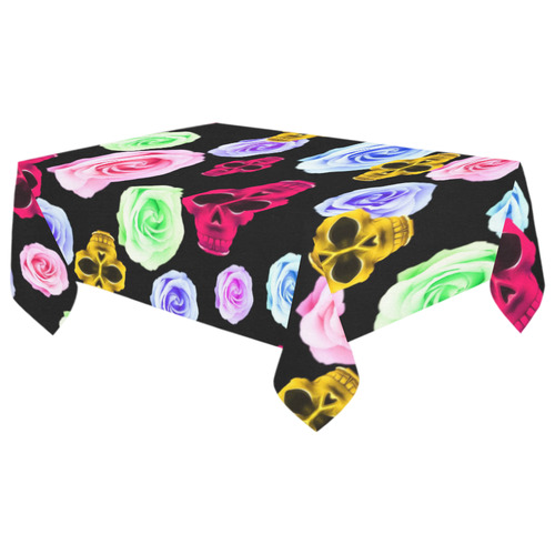 skull portrait in pink and yellow with colorful rose and black background Cotton Linen Tablecloth 60"x 104"