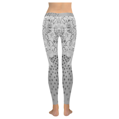 Vintage Roses Polka Dots Ribbon - Grey Silver Women's Low Rise Leggings (Invisible Stitch) (Model L05)