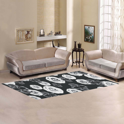 vintage skull and rose abstract pattern in black and white Area Rug 9'6''x3'3''