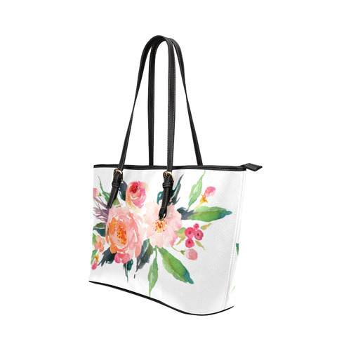 Pink Red Watercolor Floral Leather Tote Bag/Small (Model 1651)