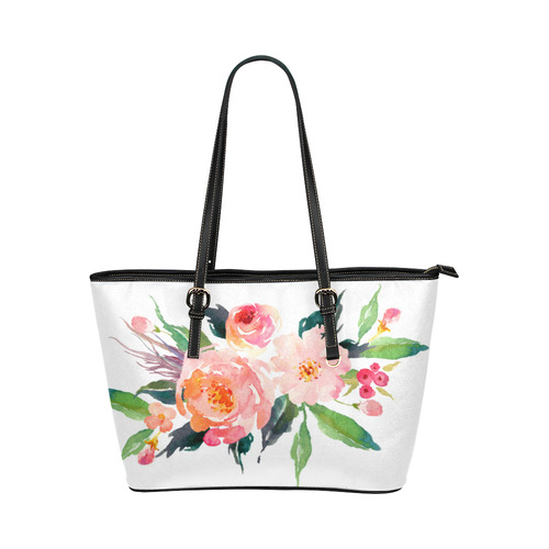 Pink Red Watercolor Floral Leather Tote Bag/Small (Model 1651)