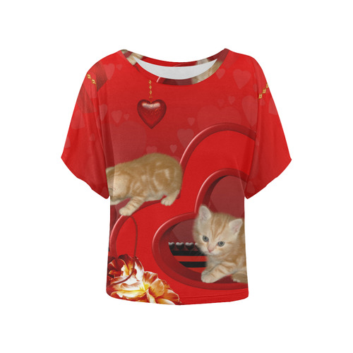 Cute kitten with hearts Women's Batwing-Sleeved Blouse T shirt (Model T44)