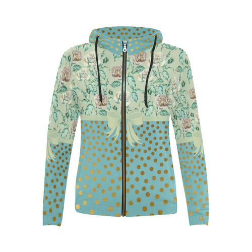 Vintage Roses Polka Dots Ribbon - Teal Gold All Over Print Full Zip Hoodie for Women (Model H14)