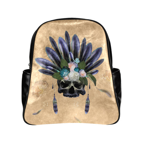 Cool skull with feathers and flowers Multi-Pockets Backpack (Model 1636)