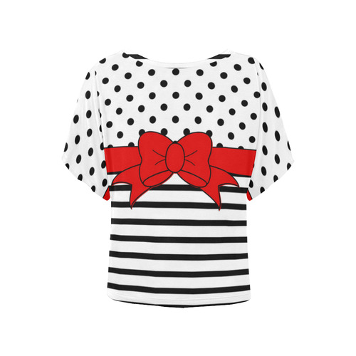 Polka Dots Stripes black white Ribbon red Women's Batwing-Sleeved Blouse T shirt (Model T44)