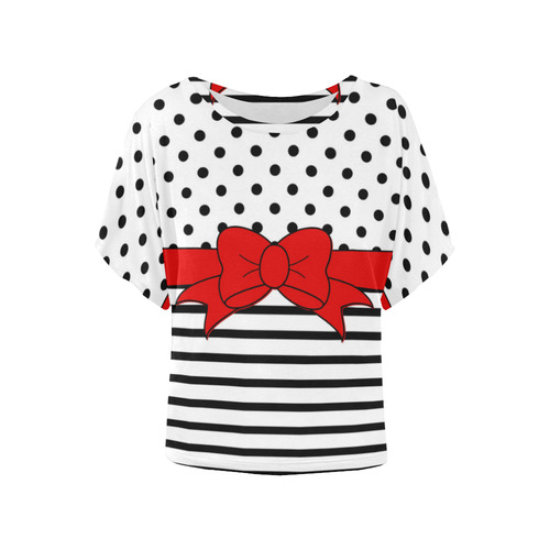 Polka Dots Stripes black white Ribbon red Women's Batwing-Sleeved Blouse T shirt (Model T44)