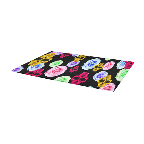 skull portrait in pink and yellow with colorful rose and black background Area Rug 9'6''x3'3''