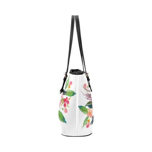Pink Red Watercolor Floral Leather Tote Bag/Small (Model 1651)