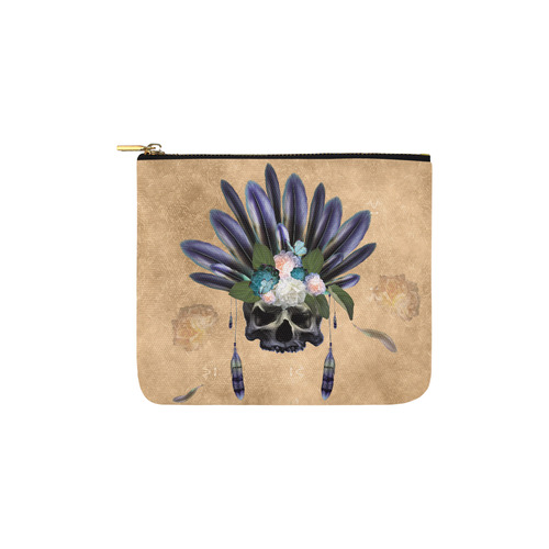 Cool skull with feathers and flowers Carry-All Pouch 6''x5''